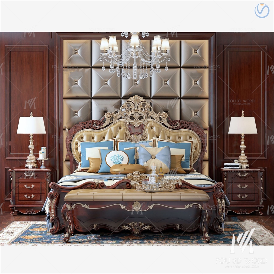 European style high back double bed 3d model